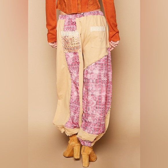 252B. Floral Print Patchwork Twill Jogger Pants - Camel - Picture 2 of 5